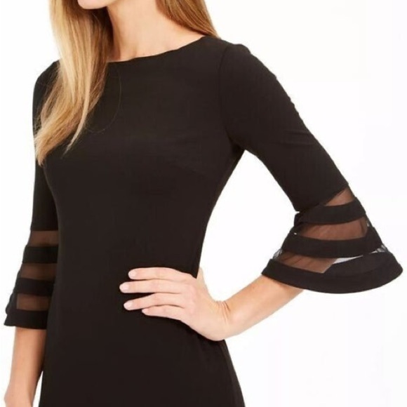 Calvin Klein Black Boat neck Bell Sleeve Sheath Dress Sheer Accents Size 12 - Picture 5 of 13